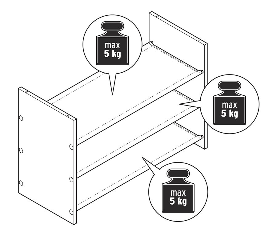 Illustration eines leeren, weißen Schuhregals mit drei Ablagen, jede mit einer maximalen Traglast von 5 kg.