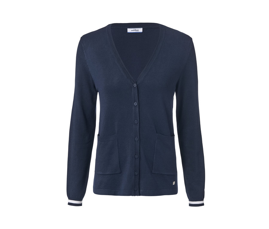 Marineblaue Feinstrickjacke mit V-Ausschnitt und Knöpfen.