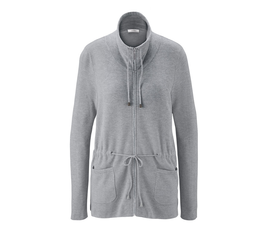 Graue Strickjacke mit Zipper, Taschen und Kordelzug in der Taille.