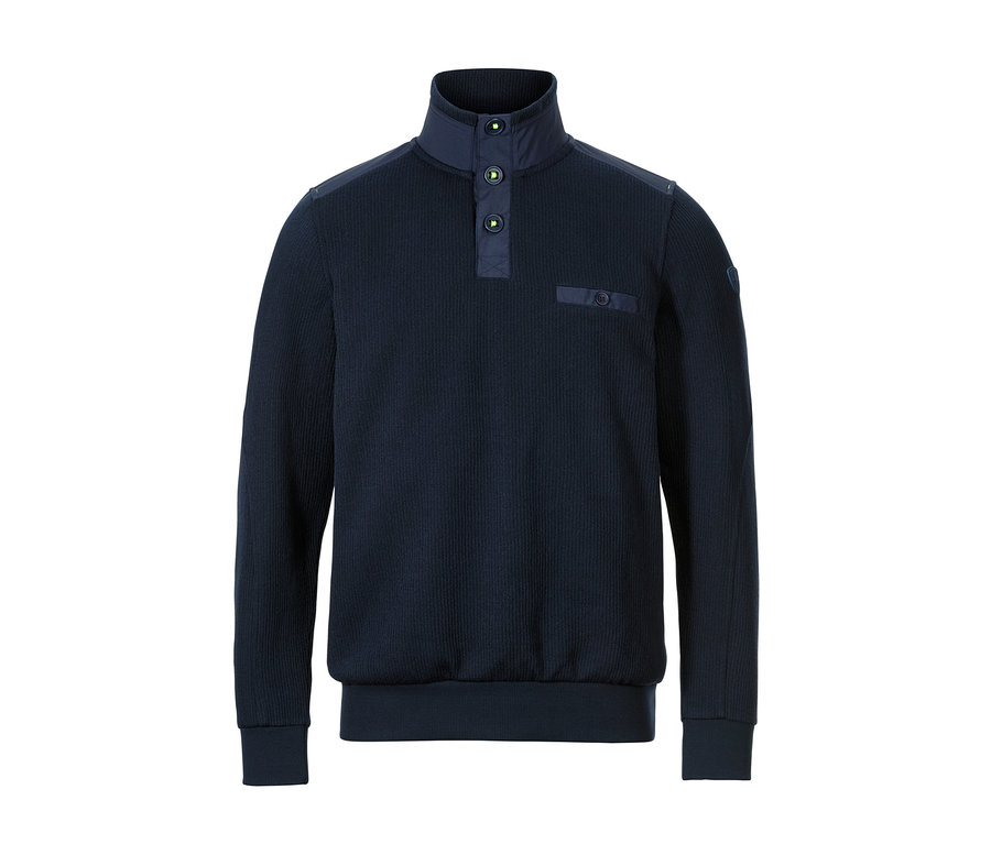 Marineblauer Strickfleece-Troyer mit Knöpfen.