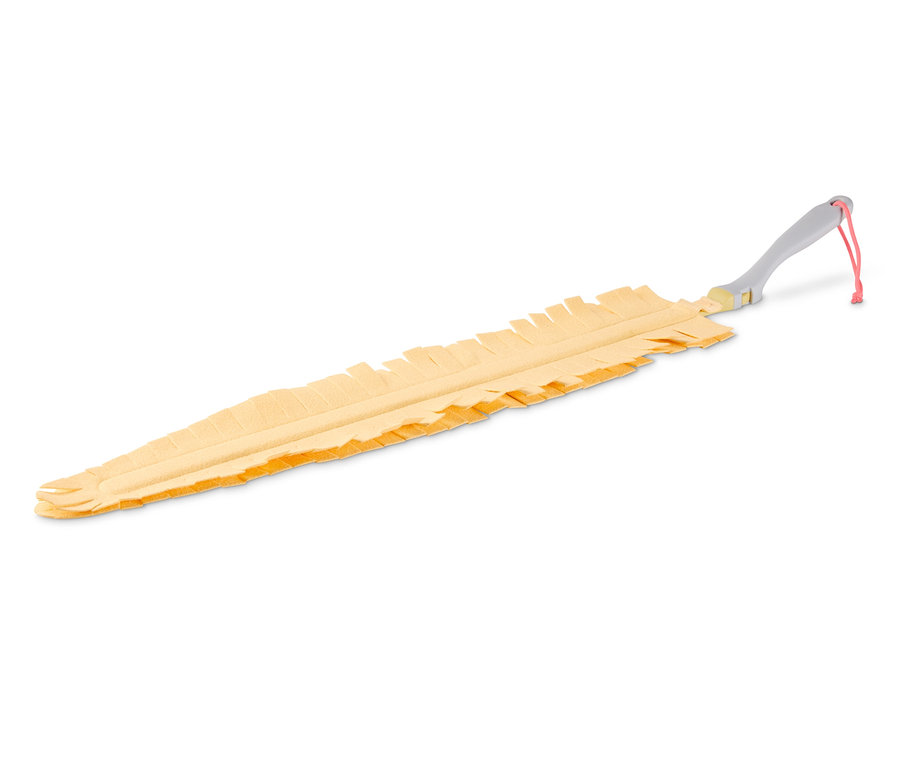Gelber Staubwedel mit grauem Griff und pinkfarbener Kordel zum Aufhängen.