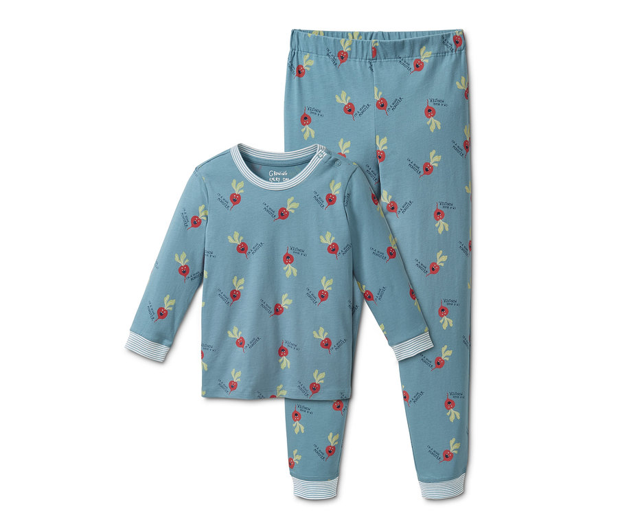 Ein blauer Pyjama mit Rübenmuster.