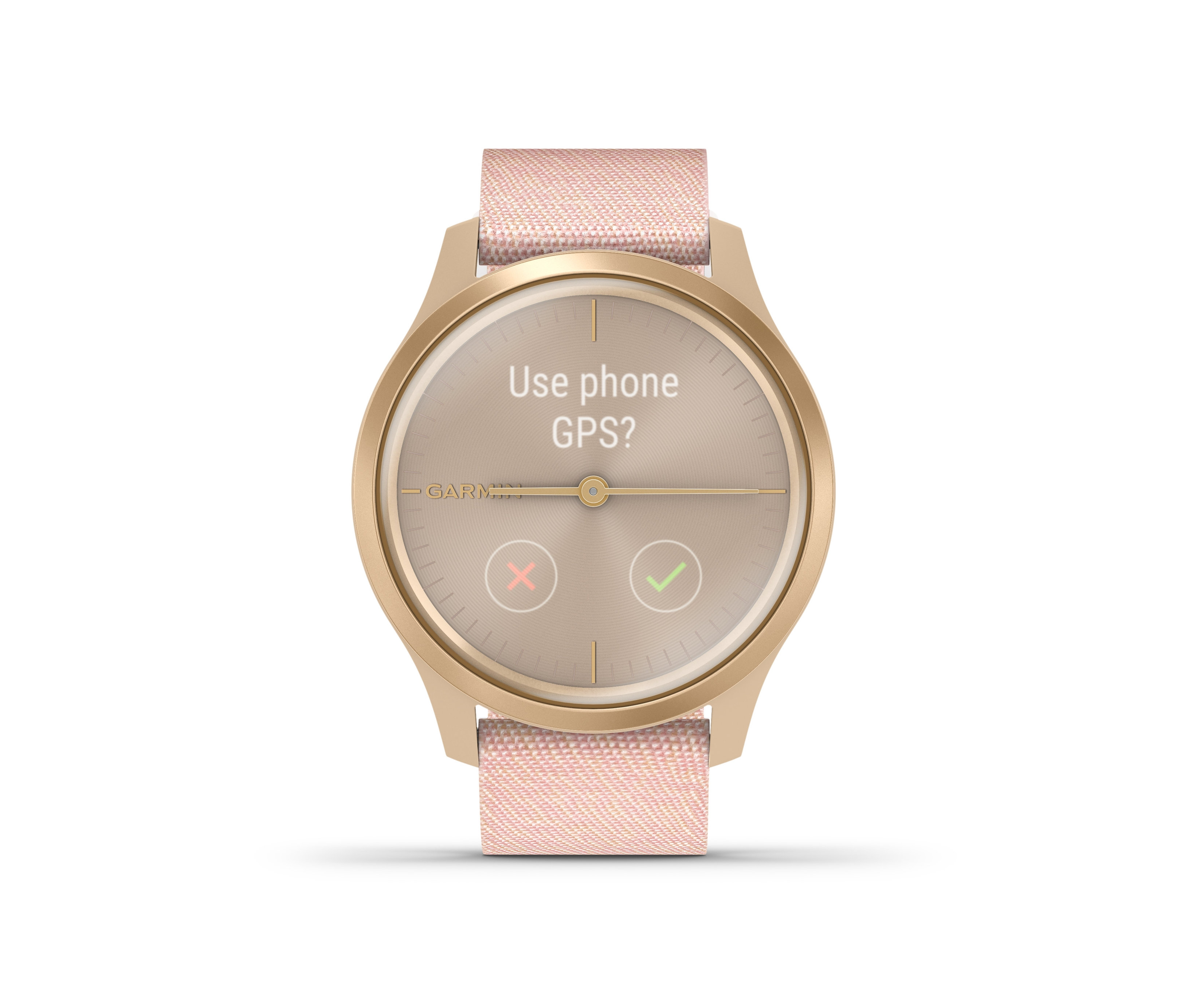 Nahaufnahme der roségoldfarbenen/weißen Garmin Vivomove Style Smartwatch mit der Frage "Use phone GPS?" auf dem Display.
