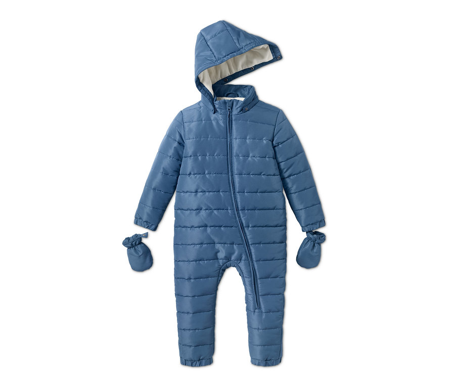 Blauer Baby-Winteroverall mit Kapuze und Handschuhen.