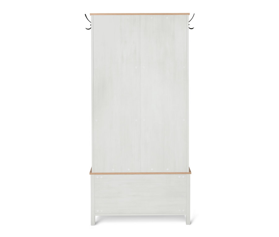 Multifunktionale Garderobe mit Haken und Schuhschrank.
