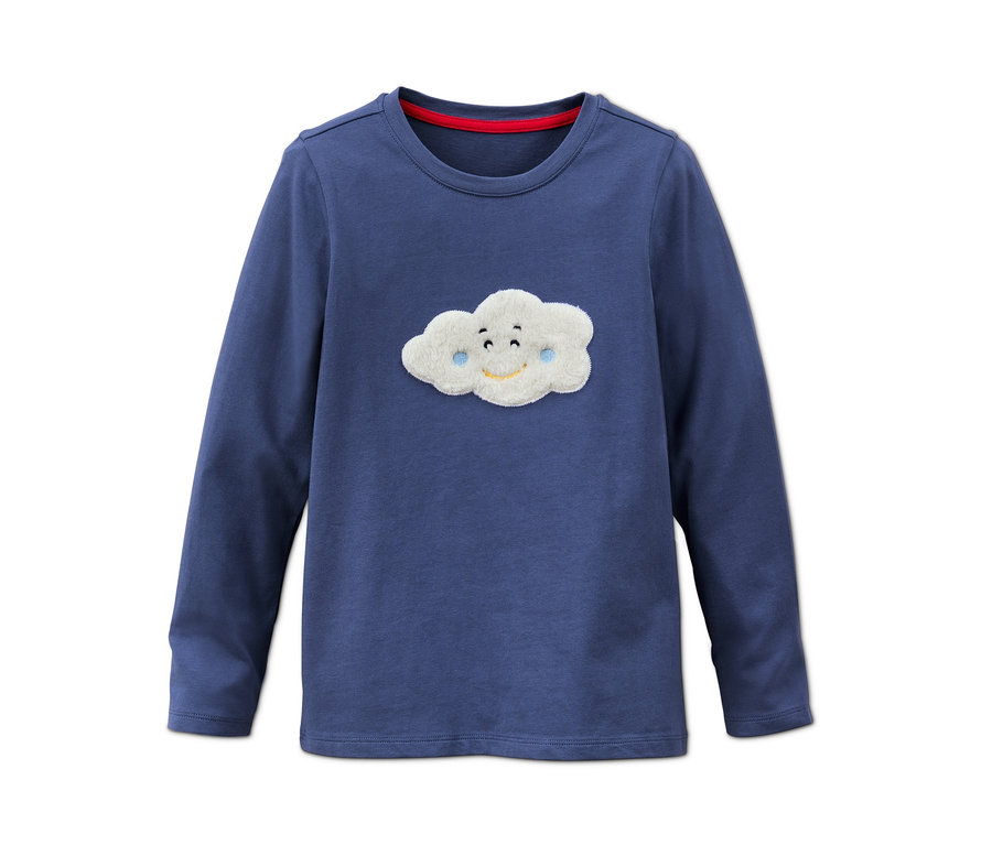Blaues Langarmshirt mit aufgenähter, weißer Wolken-Applikation.
