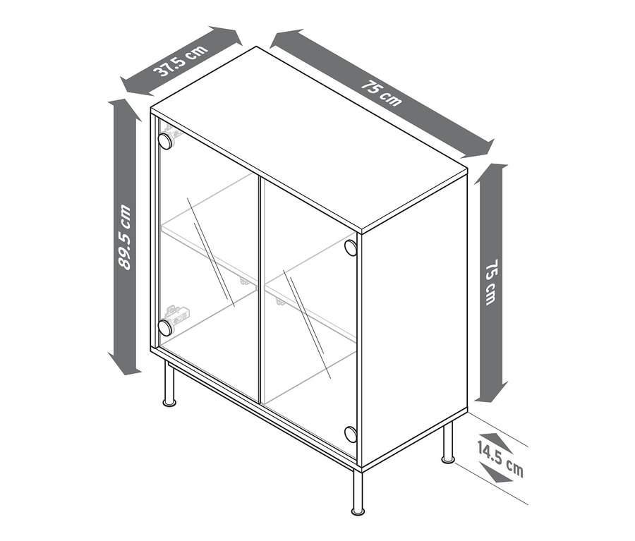 Eine Skizze des Regalmoduls Flemming, ca. 75 x 75 cm, mit Glastüren.