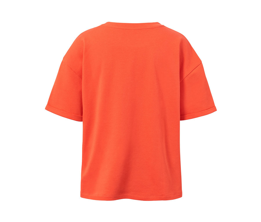 Orangefarbenes Lounge-Sweatshirt mit kurzen Ärmeln.
