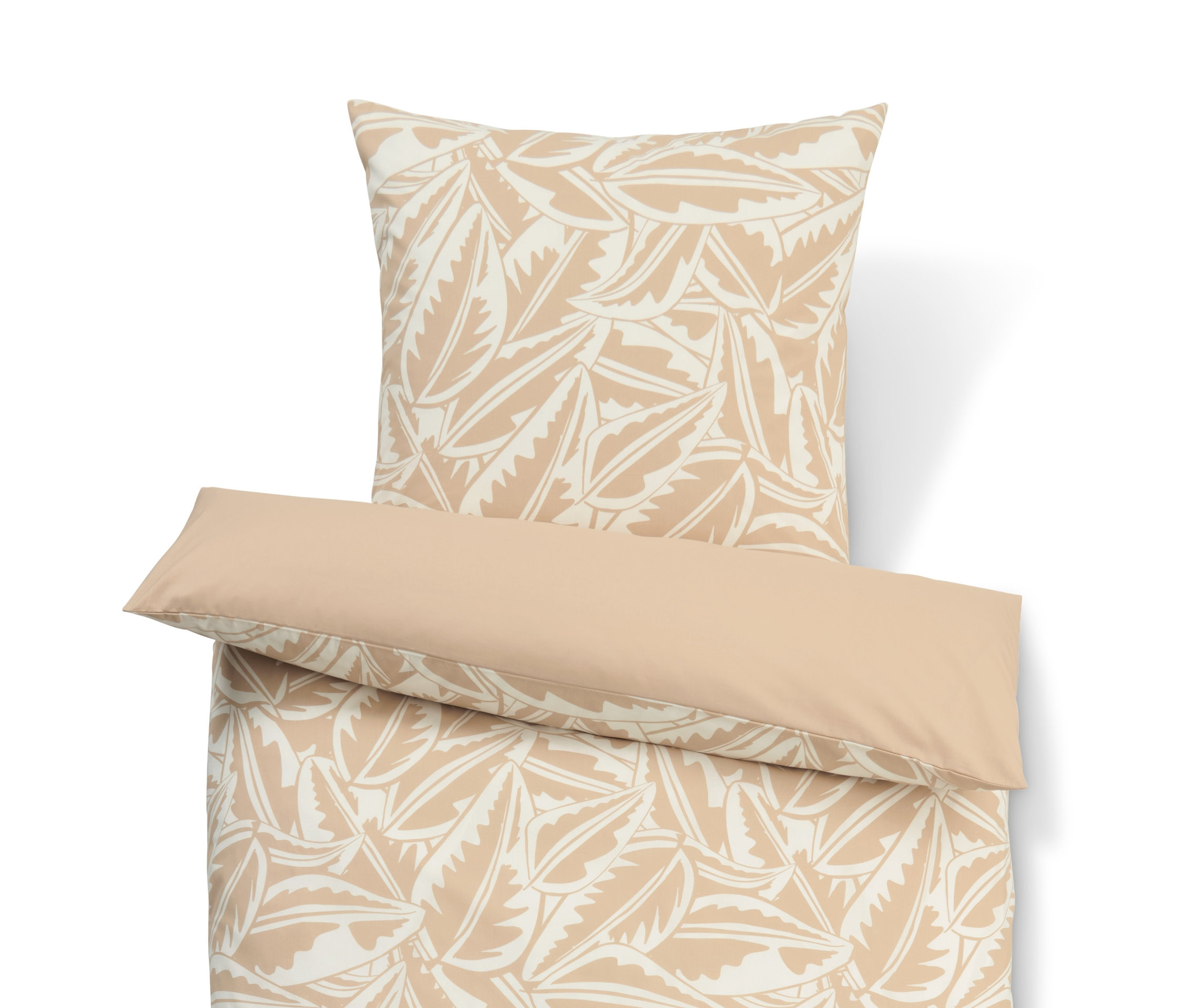 Beige-weiße Premium-Baumwollbettwäsche Normalgröße, Doppelgröße und Übergröße mit Blätterdessin.