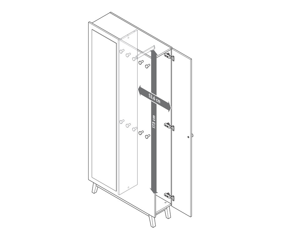 Abbildung eines multifunktionalen Flurschranks mit offenen Türen und den Maßen 53,6 cm und 173 cm.