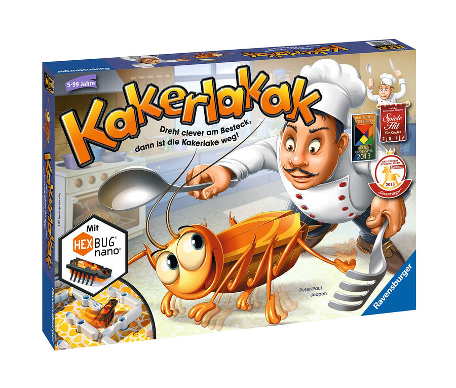 Packung des Brettspiels Kakerlakak von Ravensburger mit einem Cartoon-Koch und einer Kakerlake.