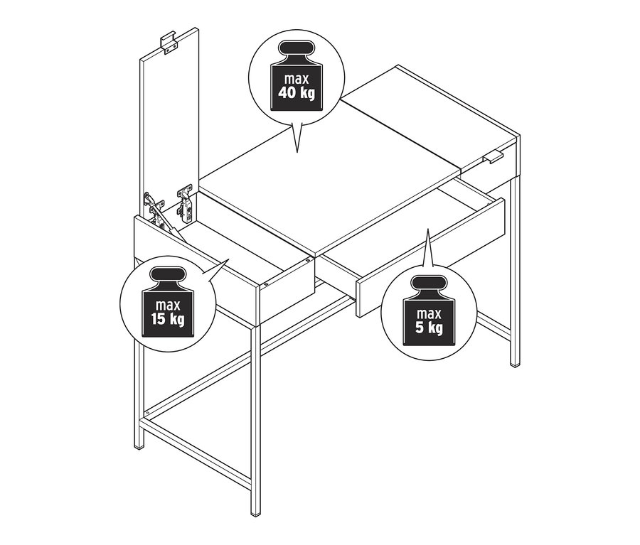 Eine Zeichnung eines Konsolentisches in modernem Design mit offenen Schubladen und maximalen Traglasten.