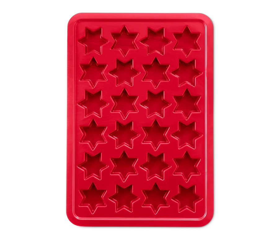 Rote Zimtstern-Backmatte mit 20 sternförmigen Vertiefungen.