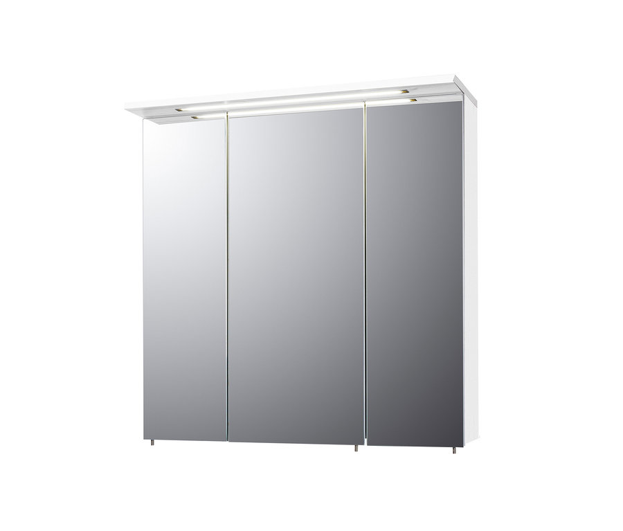 Ein geschlossener, weisser Spiegelschrank mit drei Spiegeltüren.