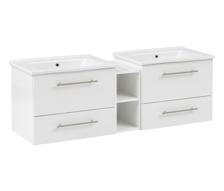 Doppelwaschtisch »Runa, WT1500« mit Doppelspiegelschrank »Irene« mit zwei Waschbecken und zwei Schubladen.