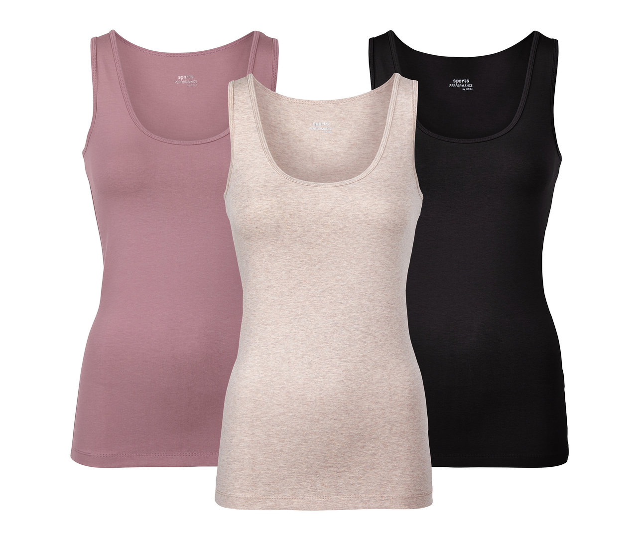 Drei Tops: ein rosafarbenes, ein beiges und ein schwarzes.