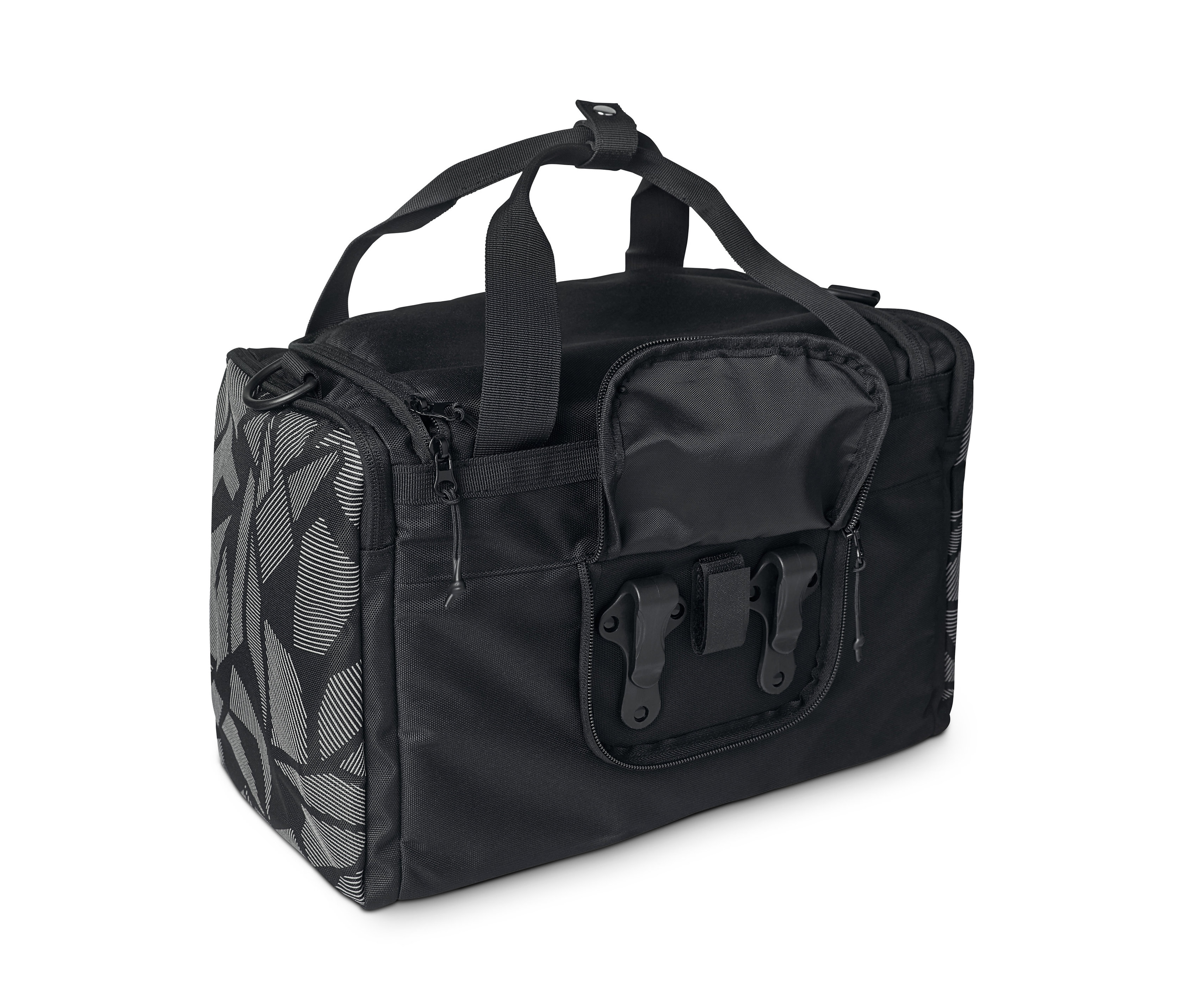 Schwarze Fahrrad-Sporttasche mit Muster an der Seite.