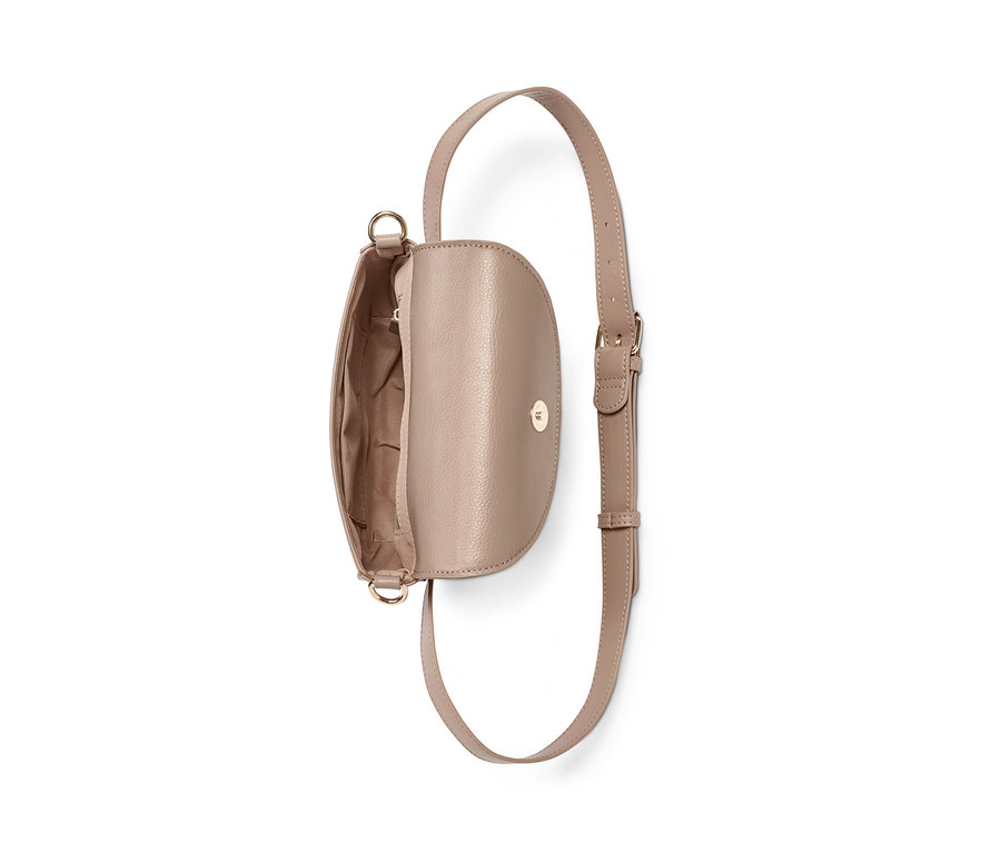 Geöffnete beige Umhänge- und Bauchtasche.