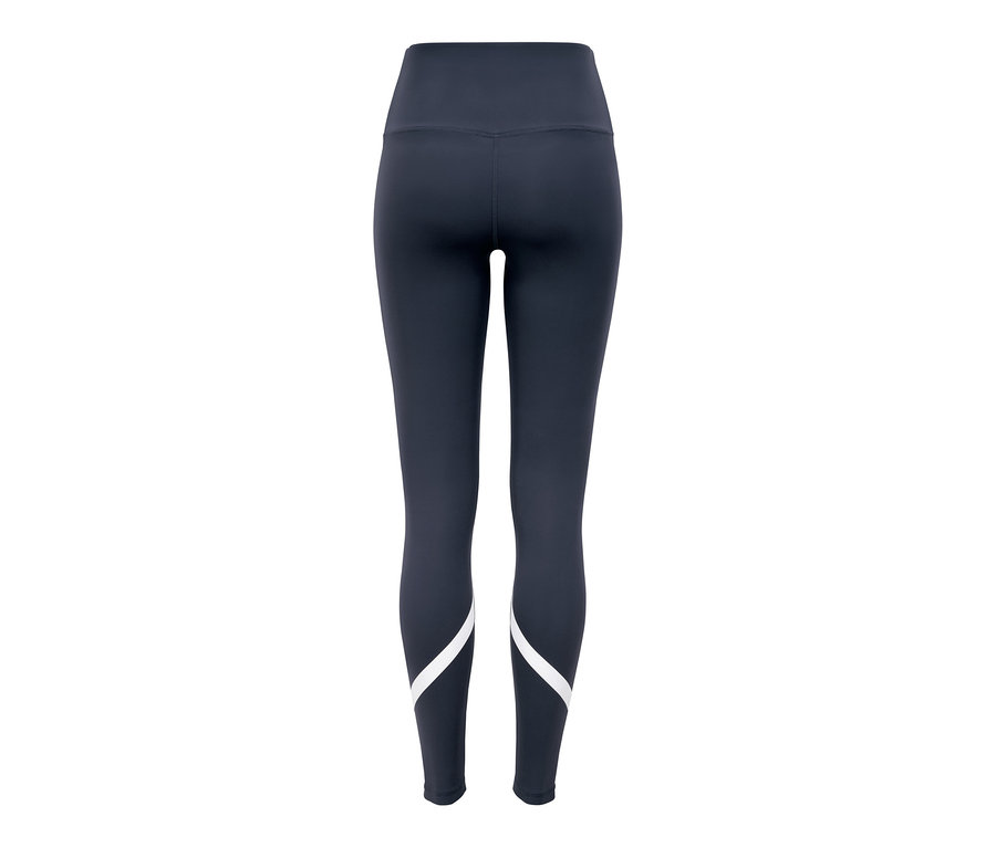 Detailansicht von hinten einer blauen Sporttight »Soft Touch« mit weißen Streifen an den Außenseiten der Hosenbeine.