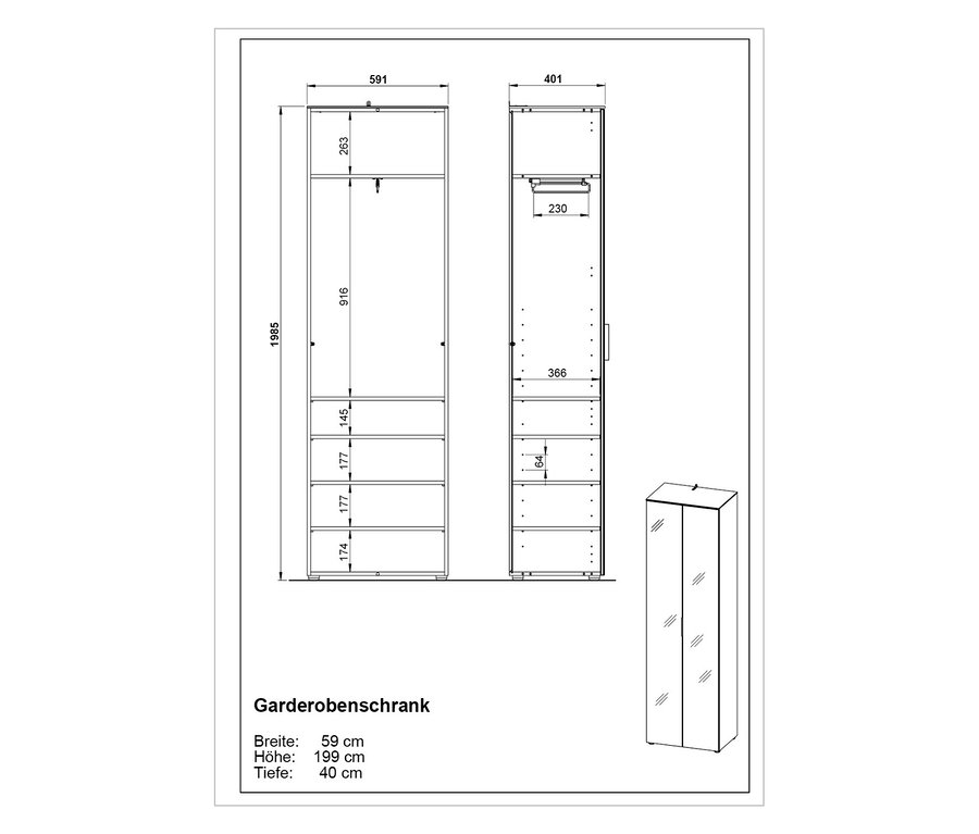 Diagramme des GW-Rimini Garderobenschranks mit Abmessungen.
