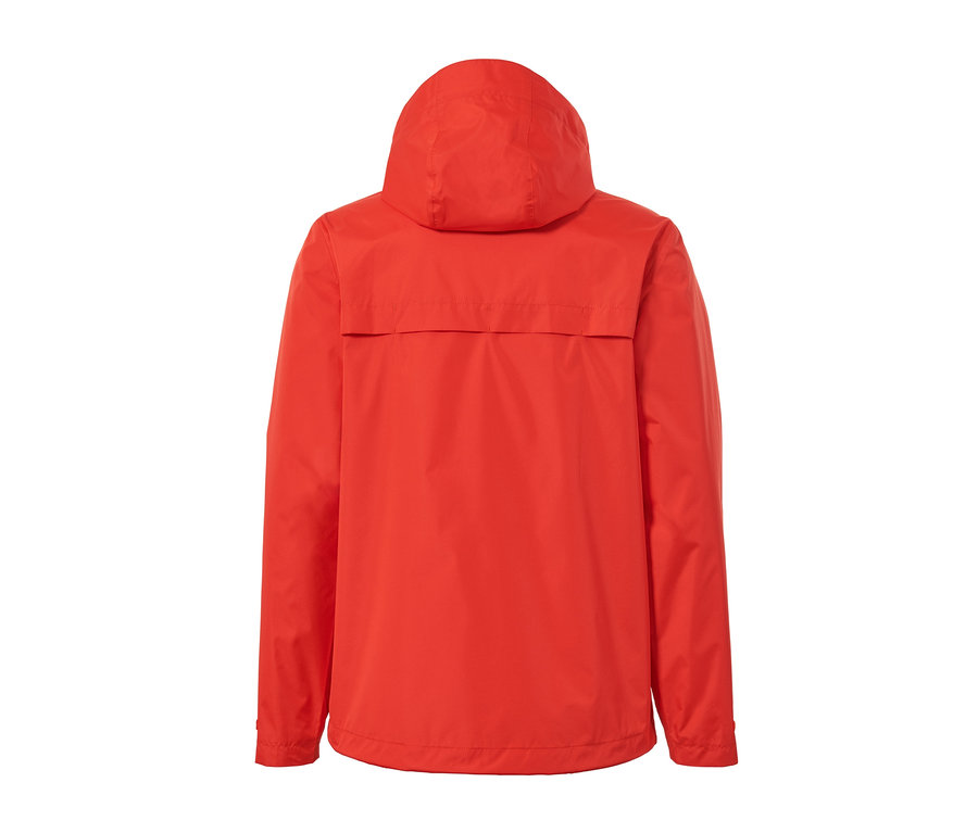 Rückansicht einer orangefarbenen Unisex-Regenjacke.