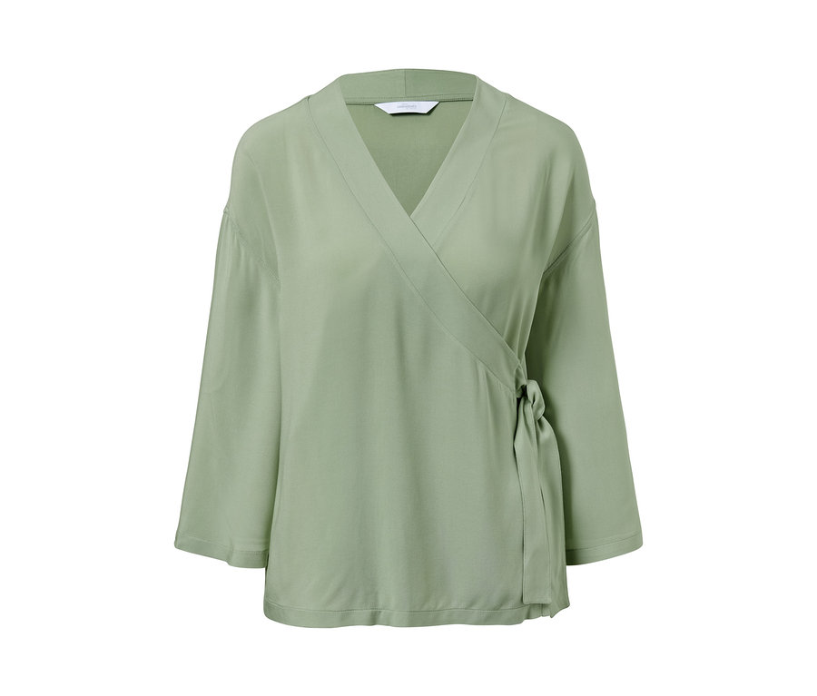 Grüne Kimonojacke mit Dreiviertelärmeln und Taillenbindung.