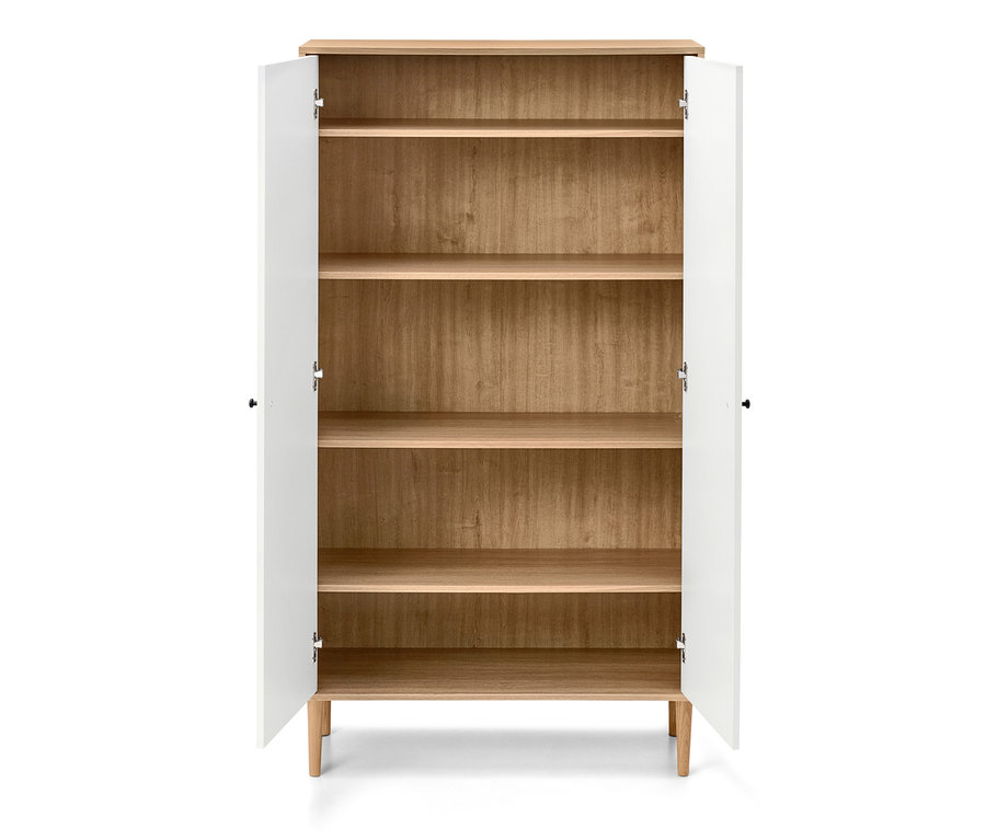 Offener weisser Schrank Bekeson mit Holzregalen.