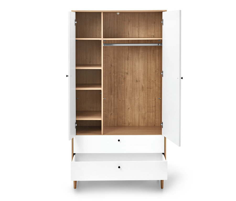 Geöffneter Kleiderschrank »Bekeson« mit Regalen, Kleiderstange und zwei Schubladen.