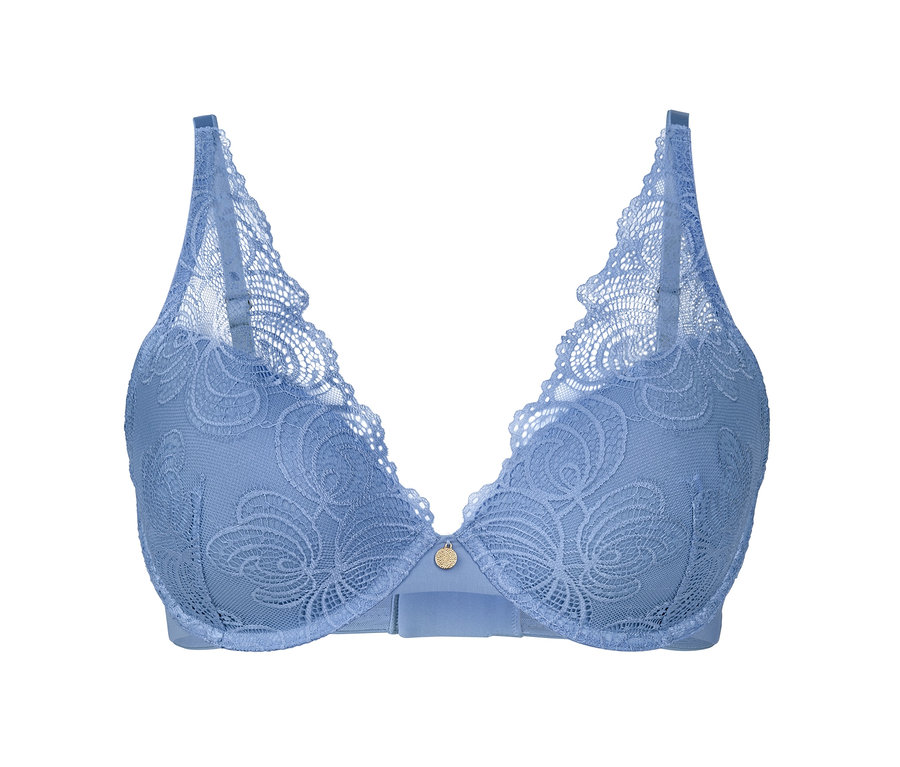 Kornblumenblauer Schalen-BH auf weißem Hintergrund.