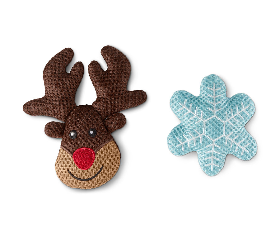 Katzen-Spielzeug in Form eines braunen Rentiers mit roter Nase und einer blauen Schneeflocke.