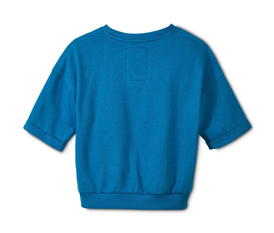 Blaues Cropped-Sweatshirt mit kurzen Ärmeln von hinten.
