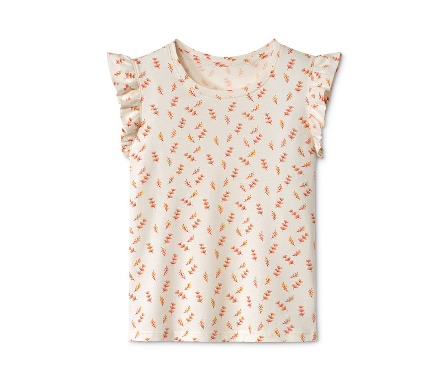 Ein weißes T-Shirt mit kurzen Ärmeln und einem rot-orangen Blumenmuster. Es hat Rüschen an den Schultern.