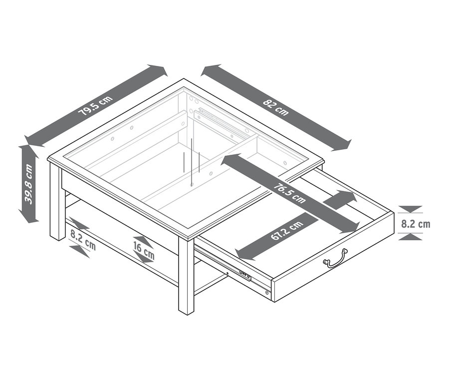 Die Zeichnung eines Couchtischs mit Glasplatte zeigt seine Abmessungen.