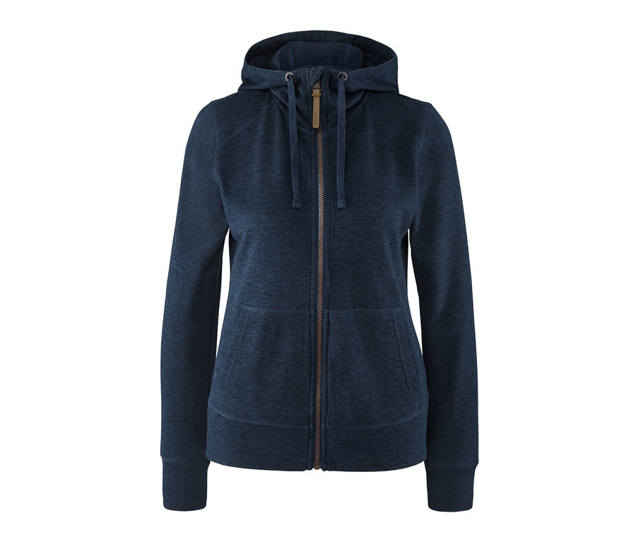 Marineblaue Kapuzenjacke mit Merinowolle und Reißverschluss.