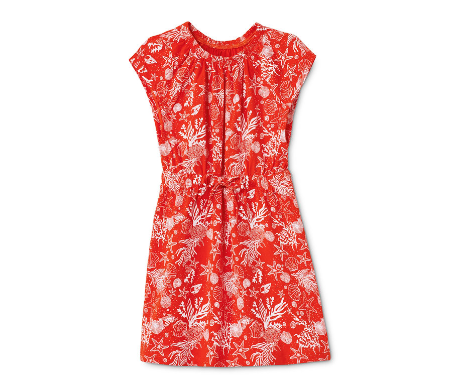 Orangefarbenes Jerseykleid mit Korallen- und Seesternmuster.