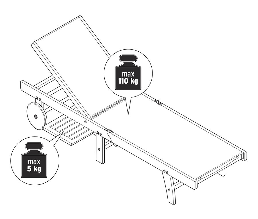 Schwarz-Weiß-Illustration einer klappbaren Gartenliege mit Textilbezug und ausziehbarem Tabletttisch Lenja. Die maximale Tragfähigkeit der Liege beträgt 110 kg, des Tisches 5 kg.