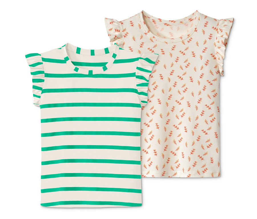 Zwei kurzärmelige T-Shirts, eines mit grünen Streifen auf Weiß und eines mit orangem Blumenmuster auf Weiß.