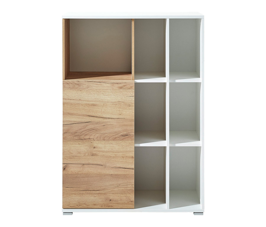 Regal »Lioni«, klein, mit Holzstruktur auf der linken Seite und weißen Regalen auf der rechten Seite.