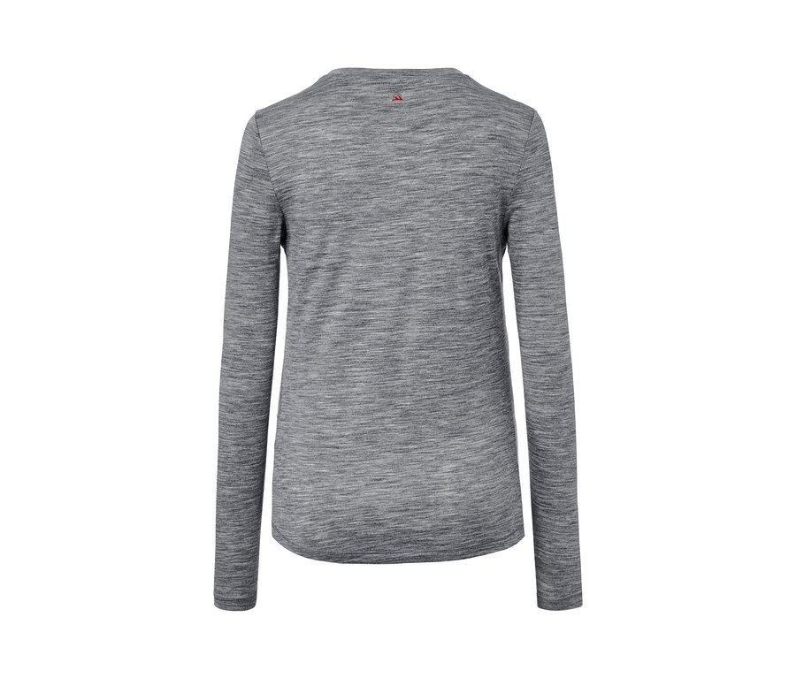 Graues Funktionsshirt mit langen Ärmeln und Merinowolle, Rückansicht.