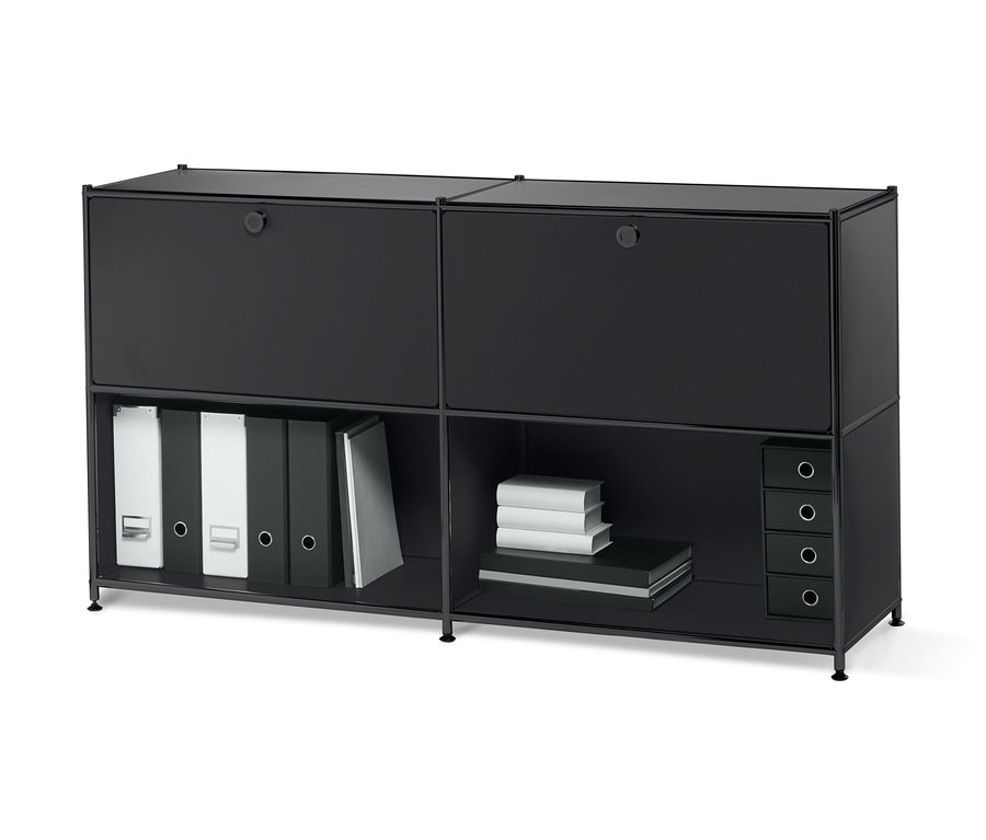 Schwarzes Sideboard Metall »CN3« mit 2 versetzbaren Klappenfächern, Ablagefächern, Büchern und Ordnern.