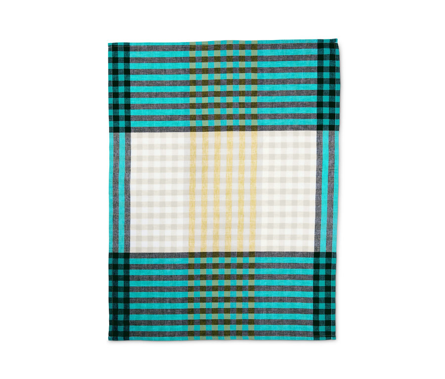 Ein einzelnes der 3 Geschirrtücher liegt flach. Es ist kariert.