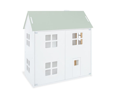 Weißes Pinolino Puppenhaus "Femke" mit grauem Dach und Garten.