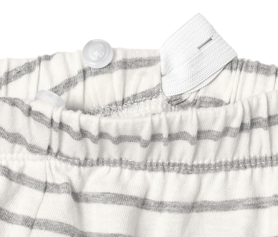 Detailansicht eines Baby-Starter-Sets aus Bio-Baumwolle mit Knöpfen und Streifen.