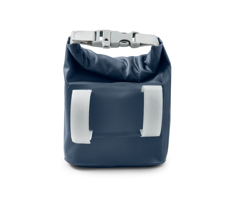 Eine blaue Erste-Hilfe-Tasche mit weißen Riemen und einem grauen Verschluss.