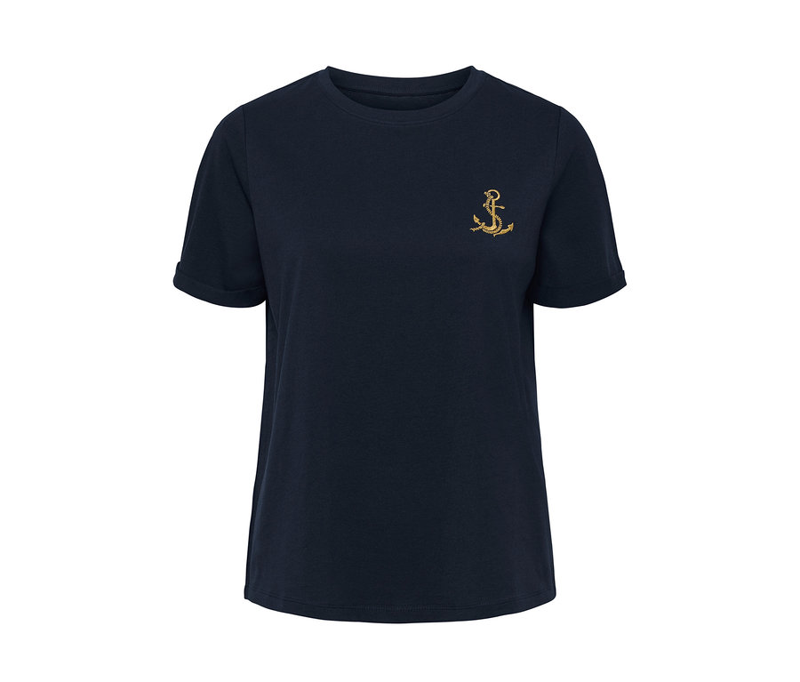 Dunkelblaues T-Shirt mit Stickerei.