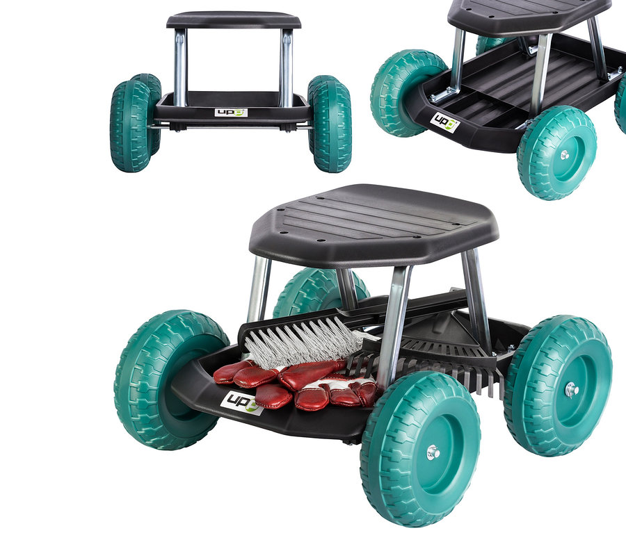 Drei Ansichten eines grünen Rollsitz-Gartenwagens. Er hat einen schwarzen Sitz und grüne Räder.