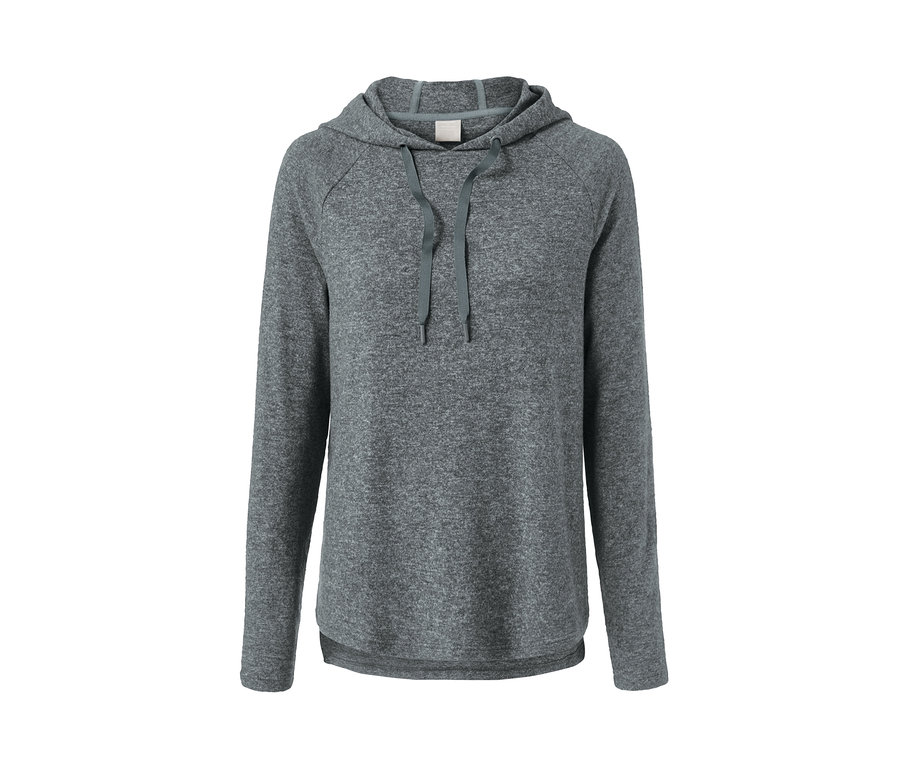 Graues Relaxshirt mit Kapuze und langen Ärmeln.
