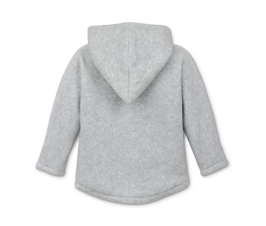 Rückansicht einer grauen Fleecejacke mit Kapuze aus recyceltem Material.