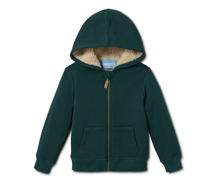 Grüne Kapuzen-Sweatjacke mit Reißverschluss und Kunstfellfutter.