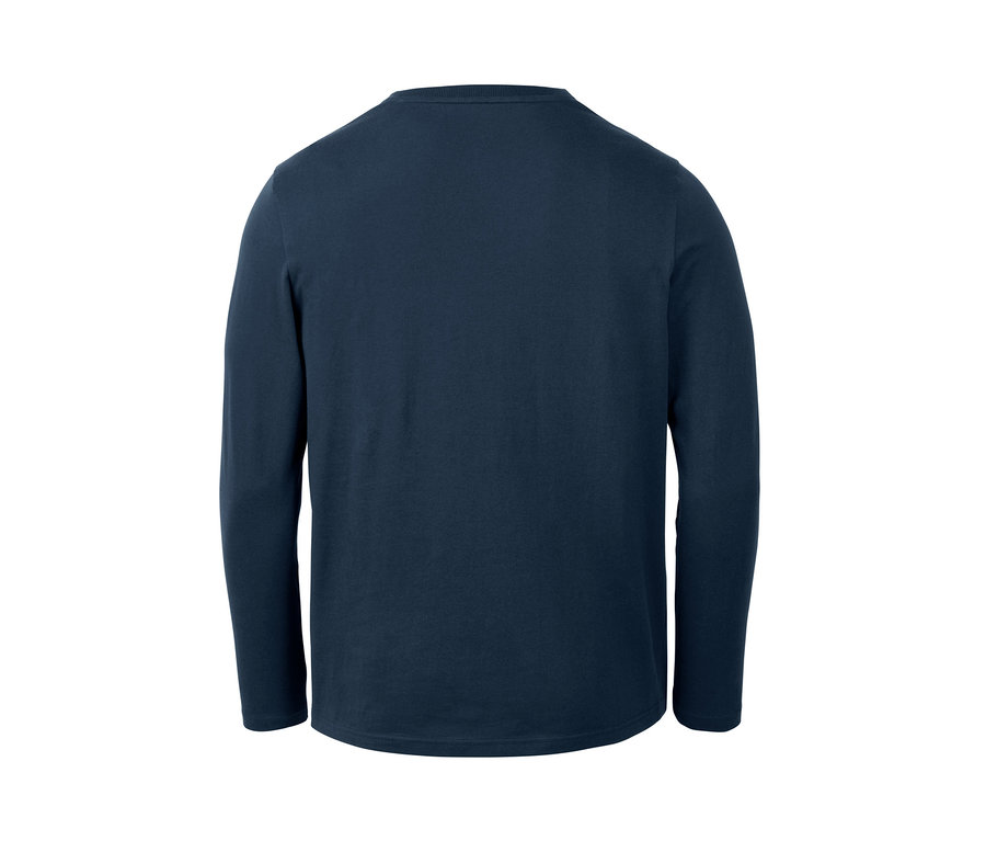 Marineblauer Pyjama mit gestreifter Flanellhose, von hinten gezeigt.